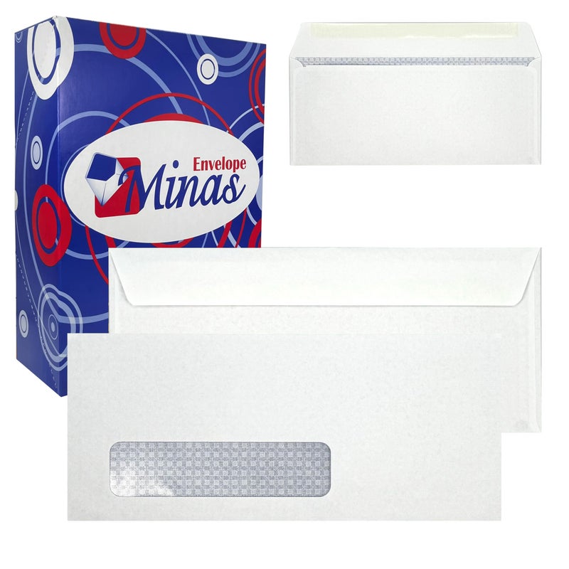 Minas Envelope 500 Minas Envelope #10 Business Envelope 4 1/8 X 9 1/2  Left Window  Security  Premium 24lb. White  Gum Flap  500 Envelopes (Standard Window) - Image 1